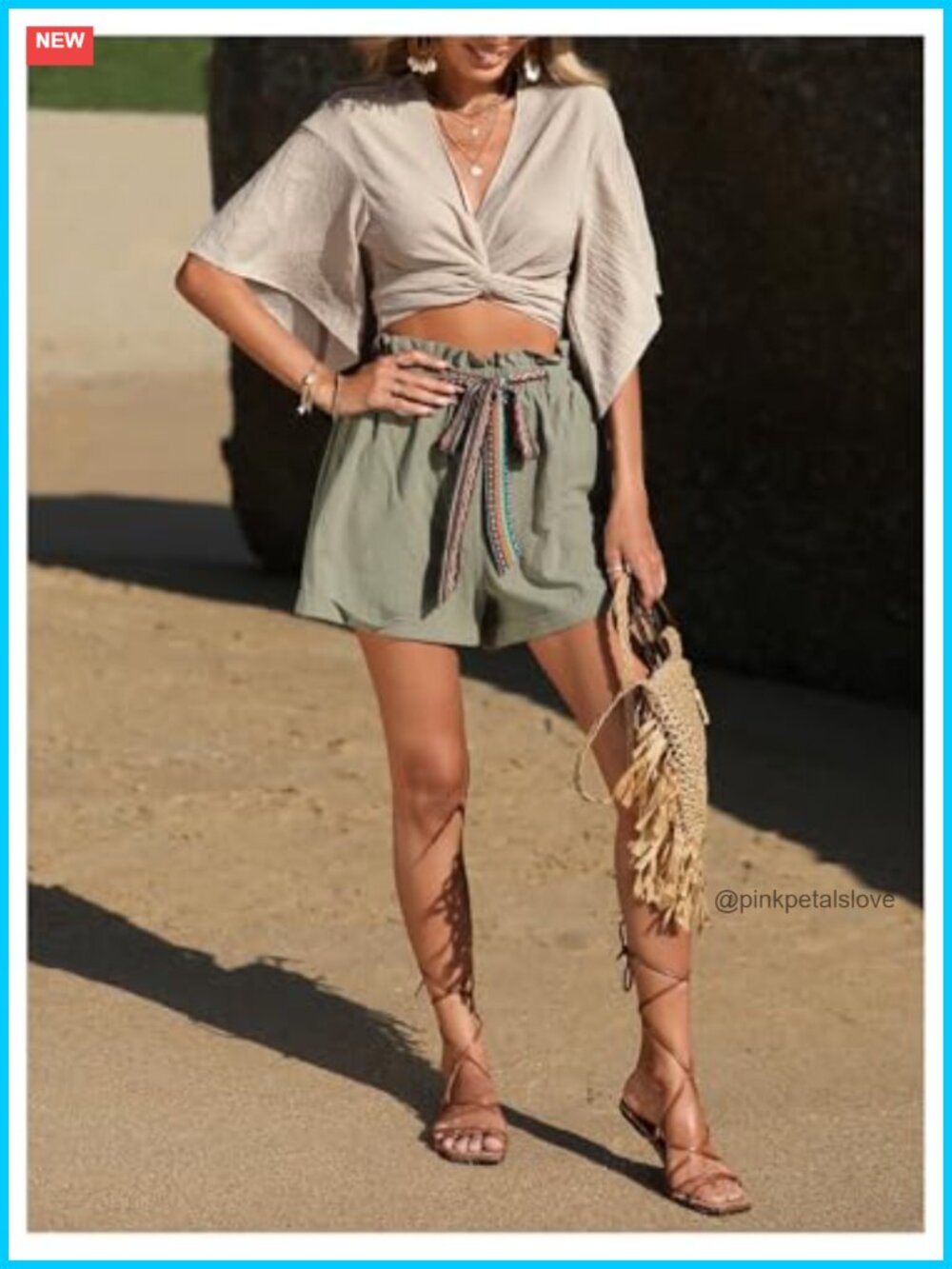 Wrap Knot Front Blouse Deep V Neck Flare Half Sleeve Cropped Boho Top - Picture 4 of 5
